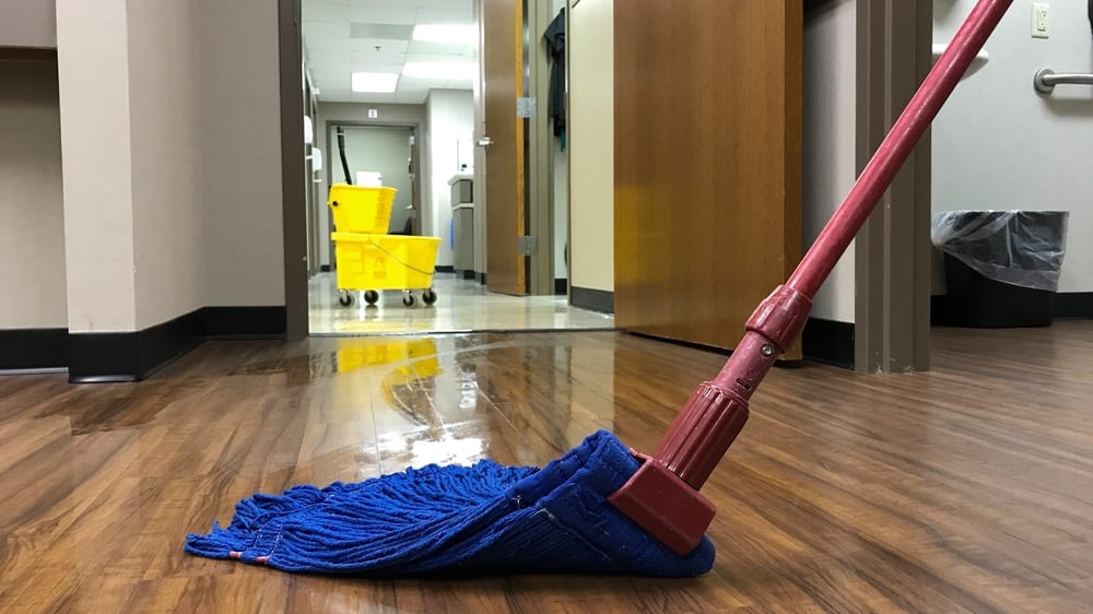 Janitors cleaning mop bucket and mop